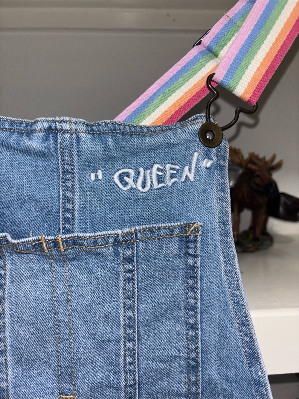 Women’s Denim Coverall With Adjustable Rainbow Straps And Embroidery Detail-XS - Picture 2 of 7